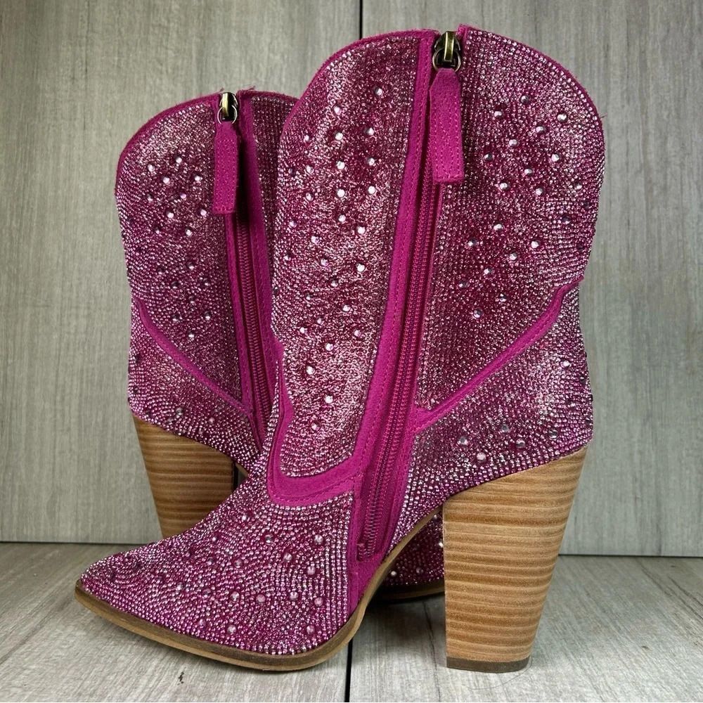 NEW Dingo Neon‎ Moon Rhinestone Heeled Cowboy Western Boot Fuchsia Womens Size 8 - Picture 2 of 10